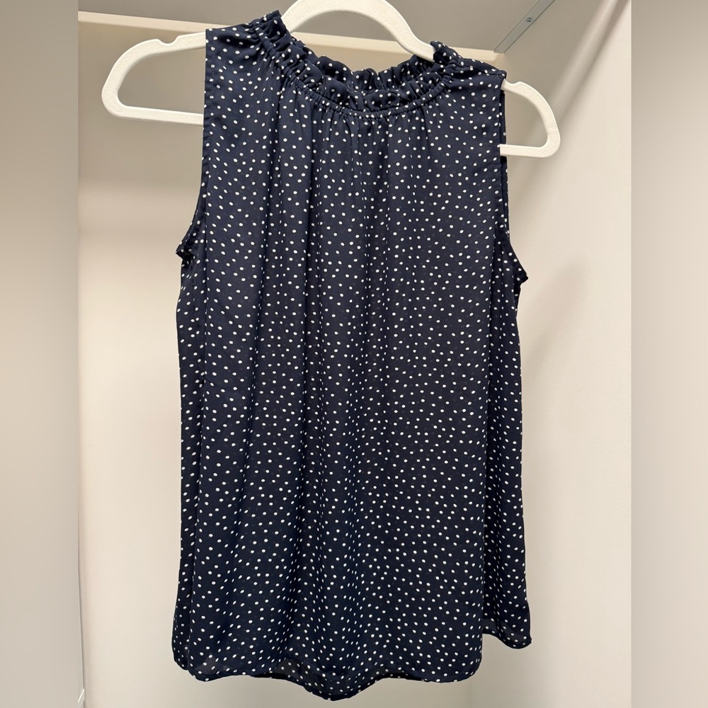 LOFT Outlet Navy Blue and White Ruffled Mandarin Collar Blouse